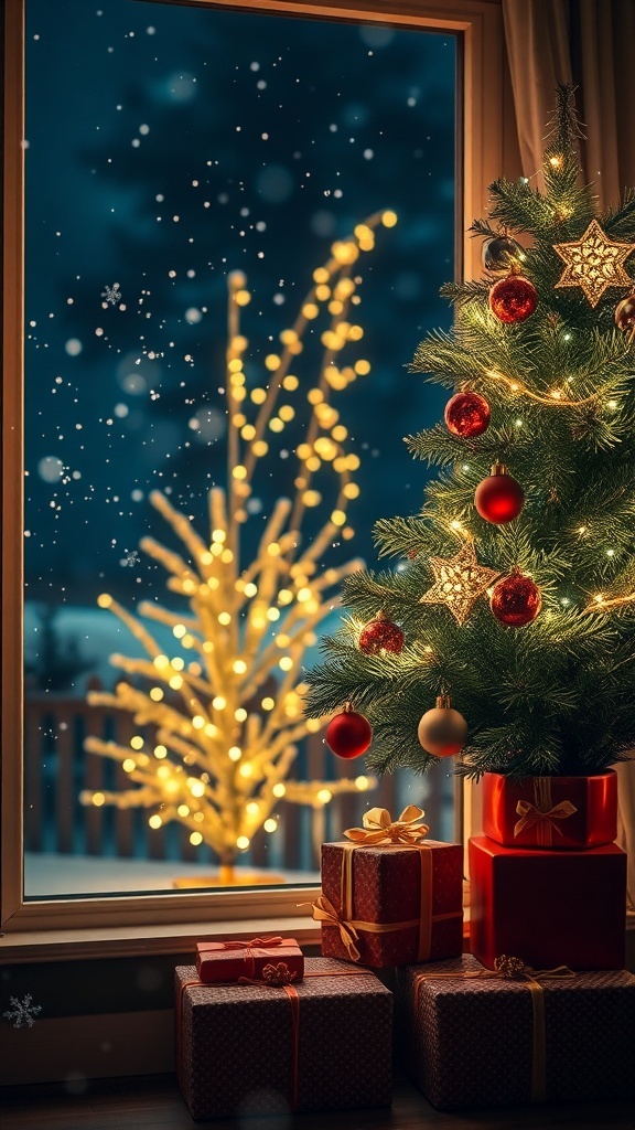 A cozy Christmas night scene with a decorated tree, gifts, and snow falling outside a window.